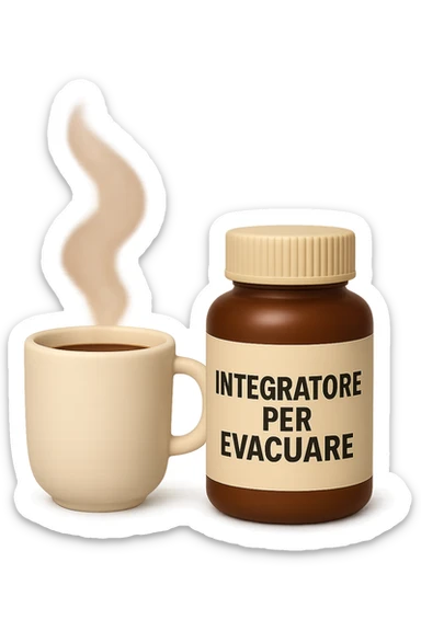 EMOJI STILE IPHONE 3D DI un caffè e di una boccetta di integratore con la scritta "INTEGRATORE PER EVACUARE" SULL'ETICHETTA, iperrealistico 4k sticker