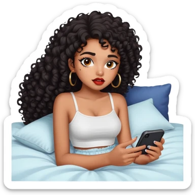 Brown-skinned teenage girl with curly black hair lying on bed looking at phone, heavy makeup, big lips, crop top, choni style sticker