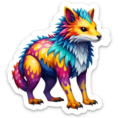a colorful edgy vernid-fionbri-creature with splash patterns full body sticker