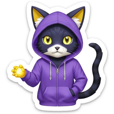 Black cat-garurumon-purloin-feline-Fakemon-Digimon-creature wearing a violet hoodie fursona (full body)  sticker