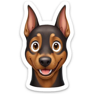 cinematic-comical-doberman-portrait-emoji,-head-tilted-dramatically-with-an-exaggeratedly-amused-expression,-featuring-a-vibrant-black and tan-fur-with-a-lively-sheen,-wide,-expressive-brown-eyes-filled-with-playful-disbelief, ears drooping down sticker