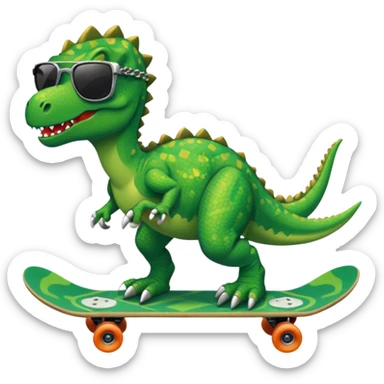 Green dinosaur on a skateboard with a chain and pixel sunglasses sticker