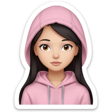 A pretty girl with light skin and long straight black brown hair, wearing a very light pink basic hoodie with brown eyes and makeup sticker