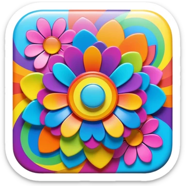 Beveled square shaped psychedelic colored button with rainbow colored hippie style 3D flowers in the center sticker