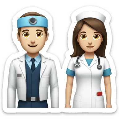 long brown haired girl nurse with brown eyes  and brunette haired boy pilot with blue eyes. couple  sticker