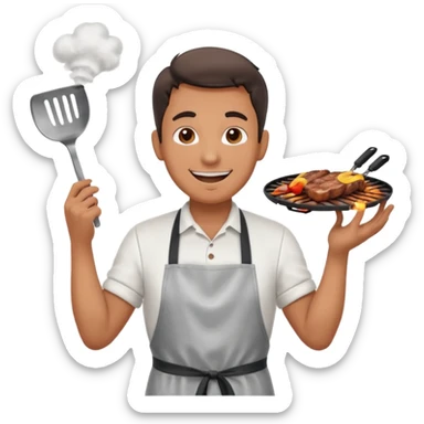 A cheerful man in an apron flipping meat on a sizzling grill with smoke puffing upward. sticker
