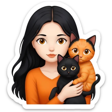 A girl with long black hair is holding a black cat, an orange cat, and a black cat sticker