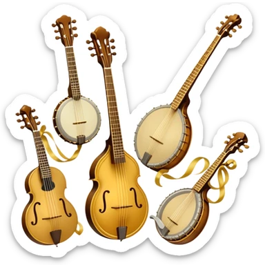 Create a grand, heraldic-style emoji collage representing plucked string instruments. The design should resemble a majestic emblem, featuring a collection of iconic instruments such as a banjo, mandolin, domra, sitar, and other plucked string instruments. Arrange the instruments symmetrically, with their necks and strings intertwining gracefully like a coat of arms. A flowing ribbon of musical notes should elegantly weave through the instruments, creating a sense of harmony and movement. The emblem should have a luxurious, golden and bronze color palette with intricate decorative elements, adding depth and a professional touch. Subtle lighting effects should highlight the polished wood and metal strings of the instruments. The background should be transparent, making the design adaptable for various uses sticker
