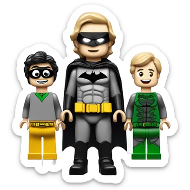 batman boy boy 3 lego-like figures in a family portrait style image on a plain white background>

A man in a batman costume stands in the back, with 2 young  boys in plain clothes in front of him. sticker