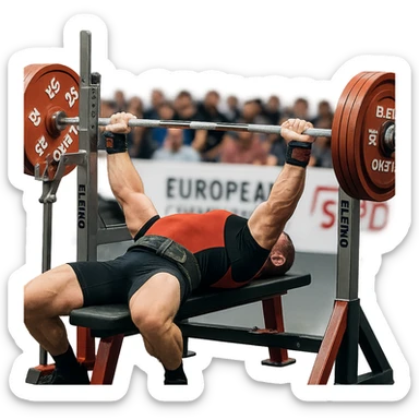 European powerlifter in federation, performing bench press, muscles tense, blurred audience background, competition details, isolated on white background sticker