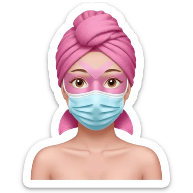 Clean girl influencer character, chest-up portrait, pink head towel, half-face facial mask, minimal self-care look, clean modern illustration sticker