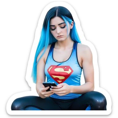 Shameful disappointed crying-very very very very big chest-texting on a samsung cell phone-very long straight flowing black to sky blue hair ombre-blue eyes-black eyeliner-long eyelashes-plastic sparkling sky blue very low cut tank top with sparkling superman logo-black leggings-nike sneakers sticker