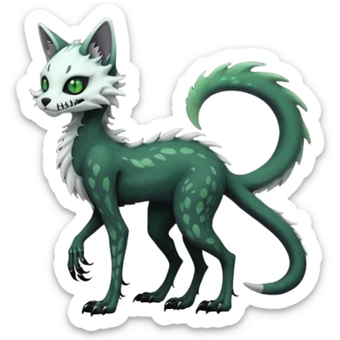 Scaley Kawaii spectral spooky dark bleak blackish swampy white-skeletal gloomy ghostly dark greyish dark-deep-greenish foggy eldritch beautiful realistic edgy fantasy ghoul-like stitched feline-vernid-sergal-fursona animal creature with a tufted tail full body with intricate markings  sticker