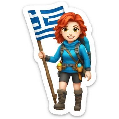 Female winter mountaineer red hair white skin climbing with Greek Flag and Easter eggs basket sticker