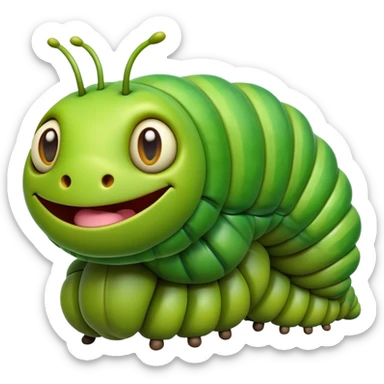 Cinematic Realistic Comical Caterpillar Portrait Emoji, Head tilted dramatically with an exaggeratedly amused expression, featuring a strikingly detailed segmented body in vibrant green with bold natural banding and wide, expressive eyes full of playful disbelief, rendered with lifelike texture and vivid natural colors, high shine, dramatic yet playful, styled with an air of cheeky garden mischief, soft glowing outline, capturing the essence of a spirited and over‐the‐top caterpillar that looks ready to wiggle its way into viral fame! sticker