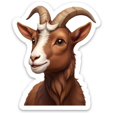 Cinematic Cute Brown Goat Portrait Emoji, Head tilted playfully and inquisitively, featuring a glossy, rich brown fur with charming curved horns, round, sparkling eyes filled with gentle curiosity, Simplified yet irresistibly adorable features, highly detailed, glowing with a warm, friendly glow, high shine, affectionate and lively, stylized with a touch of rustic whimsy, bright and endearing, soft glowing outline, capturing the essence of a mischievous yet loving goat, so playful it feels like it could trot out of the screen and into your arms! sticker