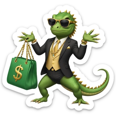 capitalist iguana banker godfather with black sunglasses breakdance with bag sticker
