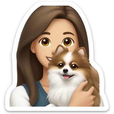 beige and white Pomeranian in the hands of a white young woman with dark brown hair smiling and cuddling the dog  sticker