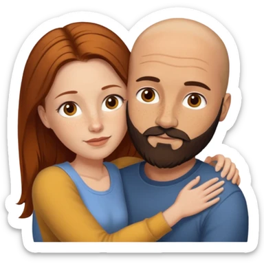 Couple. Bald man with dark brown-black beard. White woman with many small, faded freckles, she has white skin and she has auburn-yellow-brown-cinnamon, dark long hair. She has light brown eyes. The man have hazel eyes. Retro style. They hug. sticker