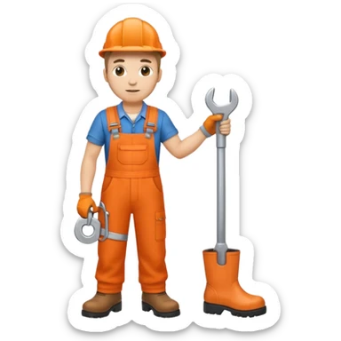railway engineer in orange overalls, boots, holding a spanner sticker