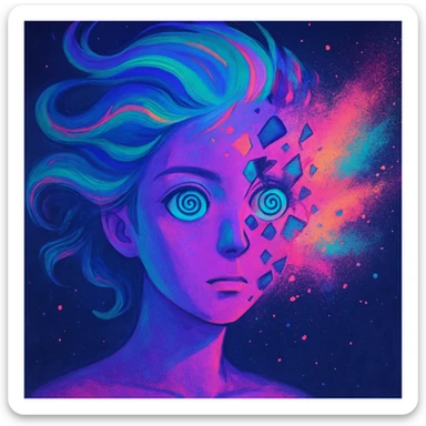 surreal portrait, neon skin, dissolving face with airbrush color explosion, hair as liquid color swirls like aurora, spiral eyes, geometric shapes breaking through face, paint spray effect, acid purple, turquoise, electric pink, smooth blending, dynamic movement sticker