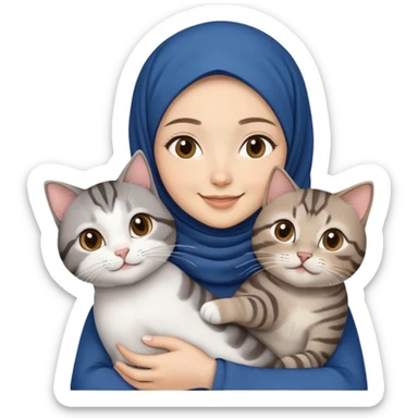 Asian white Girl wearing dark blue hijab with white shirt smiling while holding a black brown grey tabby cat sticker