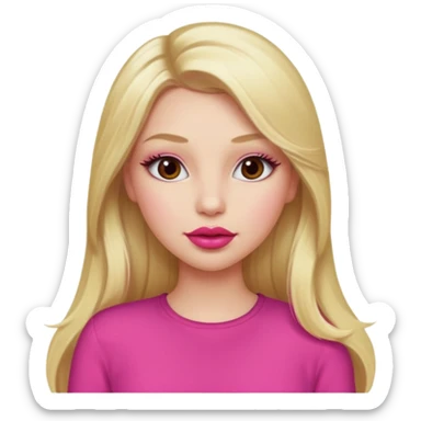 a girl with long eyelashes a pink outfit, long blonde hair, and big lips with red lipstick sticker