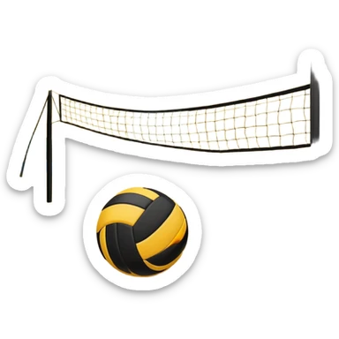The scene captures the relaxed yet competitive vibe of beach volleyball, with warm sunlight and the natural beauty of the beach. A volleyball resting on the yellow sand on a beach, with the net in the background and a scenic view of the ocean and sky.  sticker