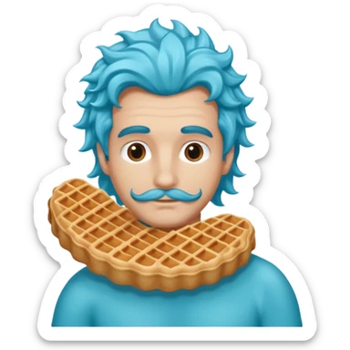 Crée un homme sirène avec une queue bleu turquoise et des long cheveux bouclé chatin en train de manger une gaufre  sticker