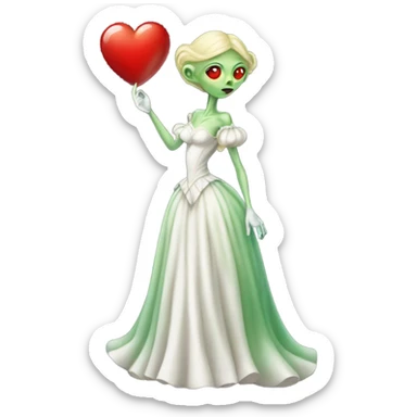 "galora green blonde alien woman" in white Victorian dress elegant, full body, holdig red big hearth sticker