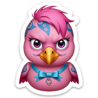 pink bird with piercings and excessive face tattoos and ribbon two eyes sticker
