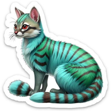 Colorful exotic shiny striped blue-cyan-green-gradients-colored fur coat with red markings tropical glorious iridescent divine exotic cute cool beautiful realistic caracal-civet-genet-sergal-vernid-Cacomistle-Trico-oncilla-animal-Fakémon-hybrid-fursona (full body) sticker
