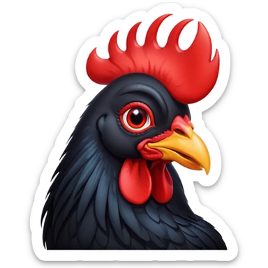 Cinematic Cute Black Rooster Portrait Emoji, Head tilted playfully and inquisitively, featuring a glossy, immaculate black plumage with a vibrant red comb, round, sparkling eyes filled with curiosity, Simplified yet irresistibly adorable features, highly detailed, glowing with a warm, friendly glow, high shine, affectionate and spirited, stylized with a touch of farmyard whimsy, bright and endearing, soft glowing outline, capturing the essence of a mischievous yet loving rooster, so playful it feels like it could strut out of the screen and into your arms! sticker