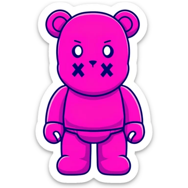 Bearbrick figure with classic KAWS crossed-out X eyes wearing a bright pink balaclava, colorful bear-shaped collectible toy sticker