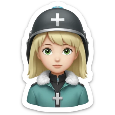 a cute anime girl with short blonde hair and soft bangs, large light blue eyes, and a gentle, calm expression. She is wearing a dark gray helmet with a small cross symbol on the front and a green coat with a fluffy white fur collar. Minimalistic, soft, and innocent character design. sticker