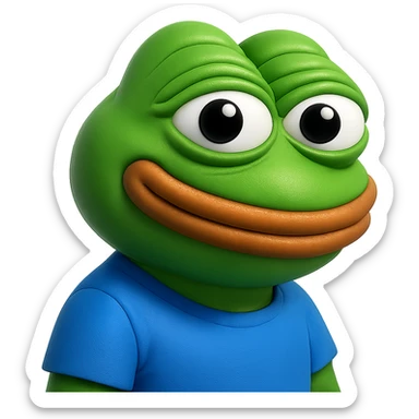 pepe in
- 3d style
- bright green
- blue shirt
- smiling
- looking straight at the camera
- good highlights and shadows
- 30deg angled towards the right
- 20% inset padding sticker