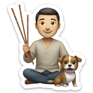 Chinese man with chopsticks smiling with dog sticker