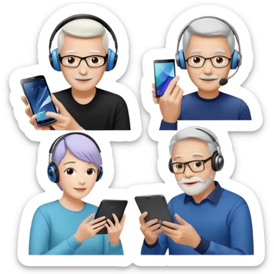 Please make it again in the style you just sent me. All devices should be Galaxy.
1. MZ users using headsets and watching youtube
2. A person holding a tablet in one hand and a smartphone in the other
3. Senior who enjoys looking at his cell phone
4. Creators working hard with Galaxy Tab + keyboard  sticker