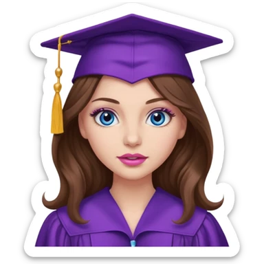 girl with long wavy brown hair, blue eyes, long lashes makeup, sexy pink lips, wearing a purple graduation cap and gown sticker
