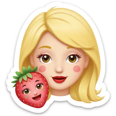 Emoji coquette, winking face with tiny strawberry sticker on cheek, fluttering eyelashes, pastel peach background, minimal vector, 512x512, transparent background
 sticker