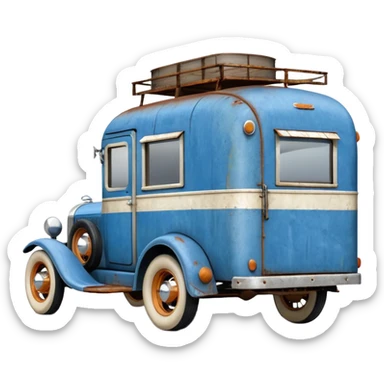 A 1934 ratty rat Chevrolet hot rod caravan pulling a large matching trailer, blue and pearl  sticker