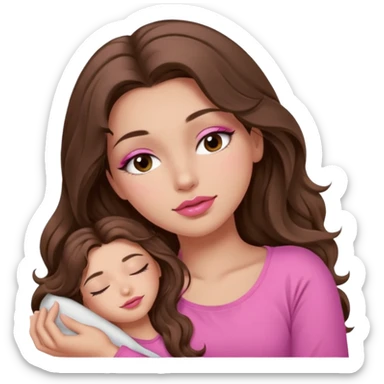 girl with long wavy brown hair, brown eyes, long lashes makeup, sexy pink lips, light to medium complexion, wearing a pink sexy top, sleeping sticker