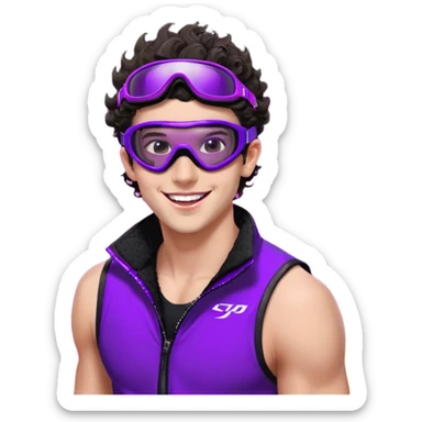 close-up of cool guy male athlete with white skin and moderately curly dark brown hair on top with shaved sides, wearing ski goggles with purple frames and very dark black lenses, winking behind the goggles, with an open mouth confident smile like a cool guy, a simple plain black chain necklace, and a completely unzipped sleeveless vest with purple and black sequin fire pattern design with no logo sticker