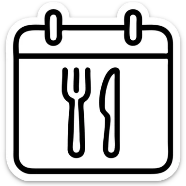 minimalistic bold black-and-white icon, square, flat, no gradients, modern calendar with a fork and knife side by side inside, clean geometric lines, inspired by Netflix and Lifesum, no background, vector style, suitable for dark and light mode sticker