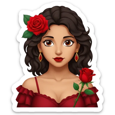A Romani woman with dark wavy hair, a single red rose tucked behind one ear, and a confident gaze sticker