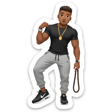 Handsome Black guy with brown skin tone, with muscular build, wearing black sweatpants, a white t-shirt, black Nike air max, a small rope chain, and a watch  sticker
