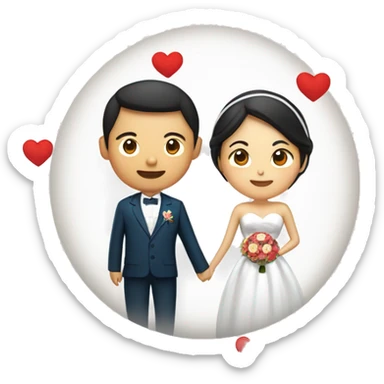 korean man and southeast asian woman side by side in wedding attire, they should be inside a globe. include a ring or heart above them to symbolise marriage. sticker