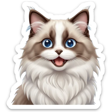 cinematic-adorable-big-eyed-fluffy-dark brown and white ragdoll-cat-portrait-emoji,-head-tilted-playfully-with-a-cute,-yawn,-soft-brown-and white-colored-fur-with-darker-points-on-the-ears,-simplified-yet-irresistibly-cute-features, sparkling blue eyes sticker