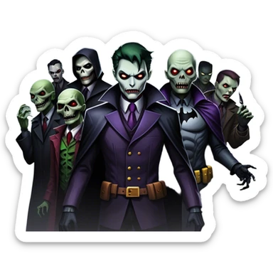Icon for Thriller Movies: A large, dramatic collage featuring sinister villains and zombies in dark clothing. The background shows the gloomy cityscape of Gotham with dim lighting and eerie shadows. The atmosphere should be tense, mysterious, and suspenseful. Transparent background. sticker