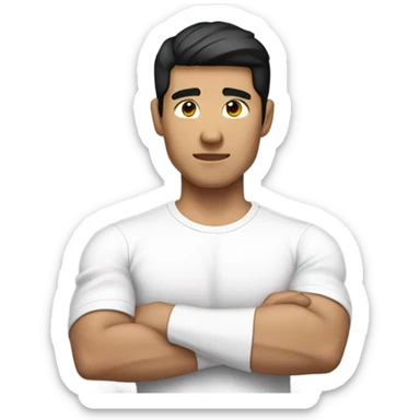 black-haired Asian man wearing a simple white shirt with folded sleeves while having a big biceps sticker
